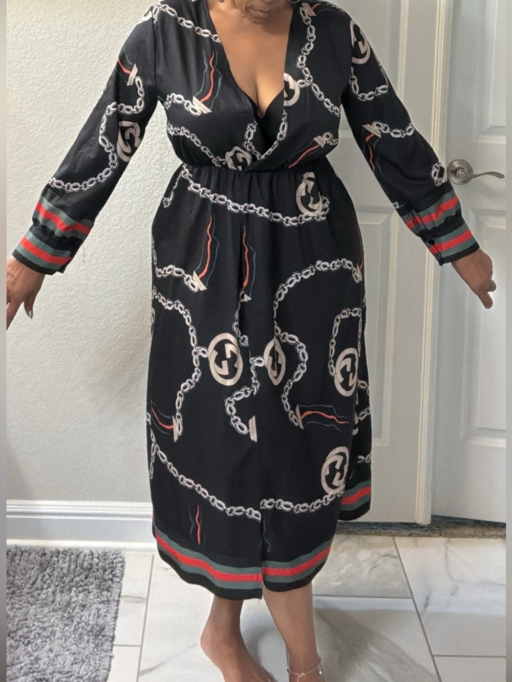 Women Black Chain-Print Long Sleeve Dress with Red & Green Trim wrap dress
